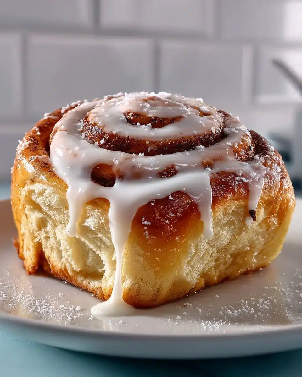 Fluffy homemade cinnamon rolls drizzled with cream cheese icing