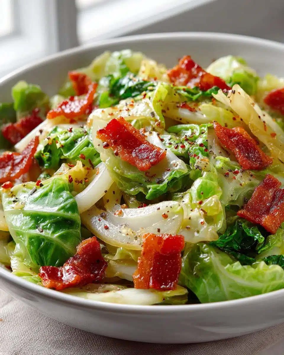 Delicious fried cabbage with crispy bacon served in a white bowl.