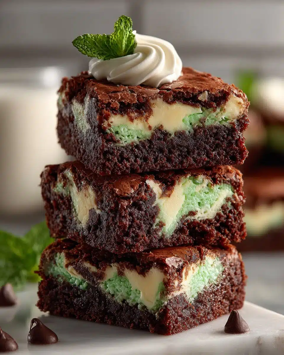 Fudgy mint chocolate brownies with a green swirl design
