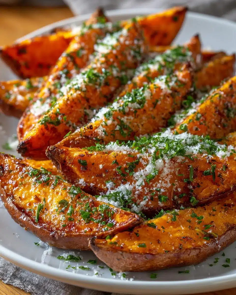 Garlic and Parmesan sweet potato wedges served on a plate