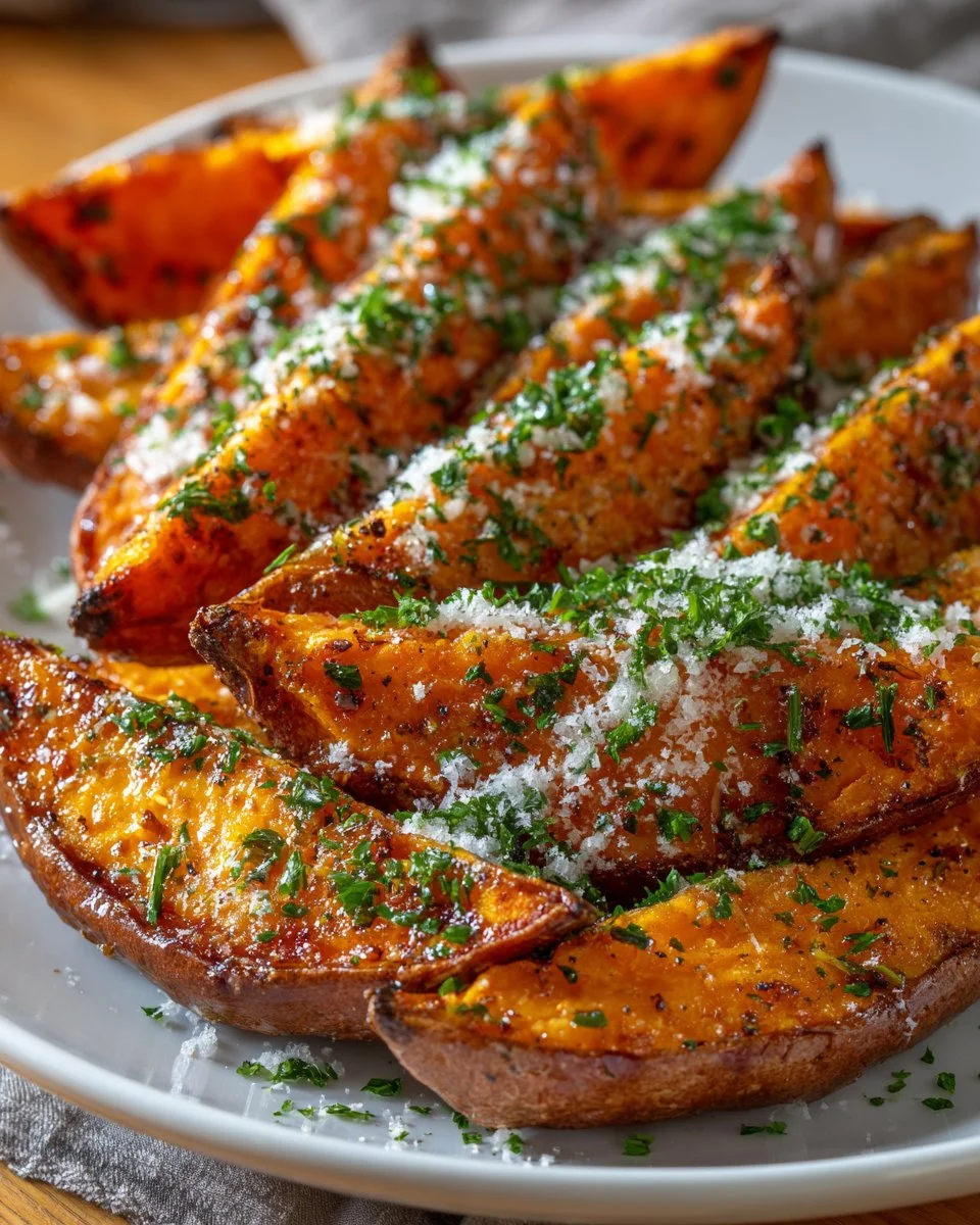 Garlic and Parmesan Sweet Potato Wedges Garlic and Parmesan Sweet Potato Wedges