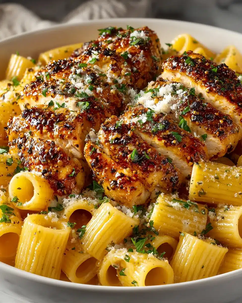 Creamy Garlic Butter Chicken with Rigatoni and Parmesan garnished with herbs