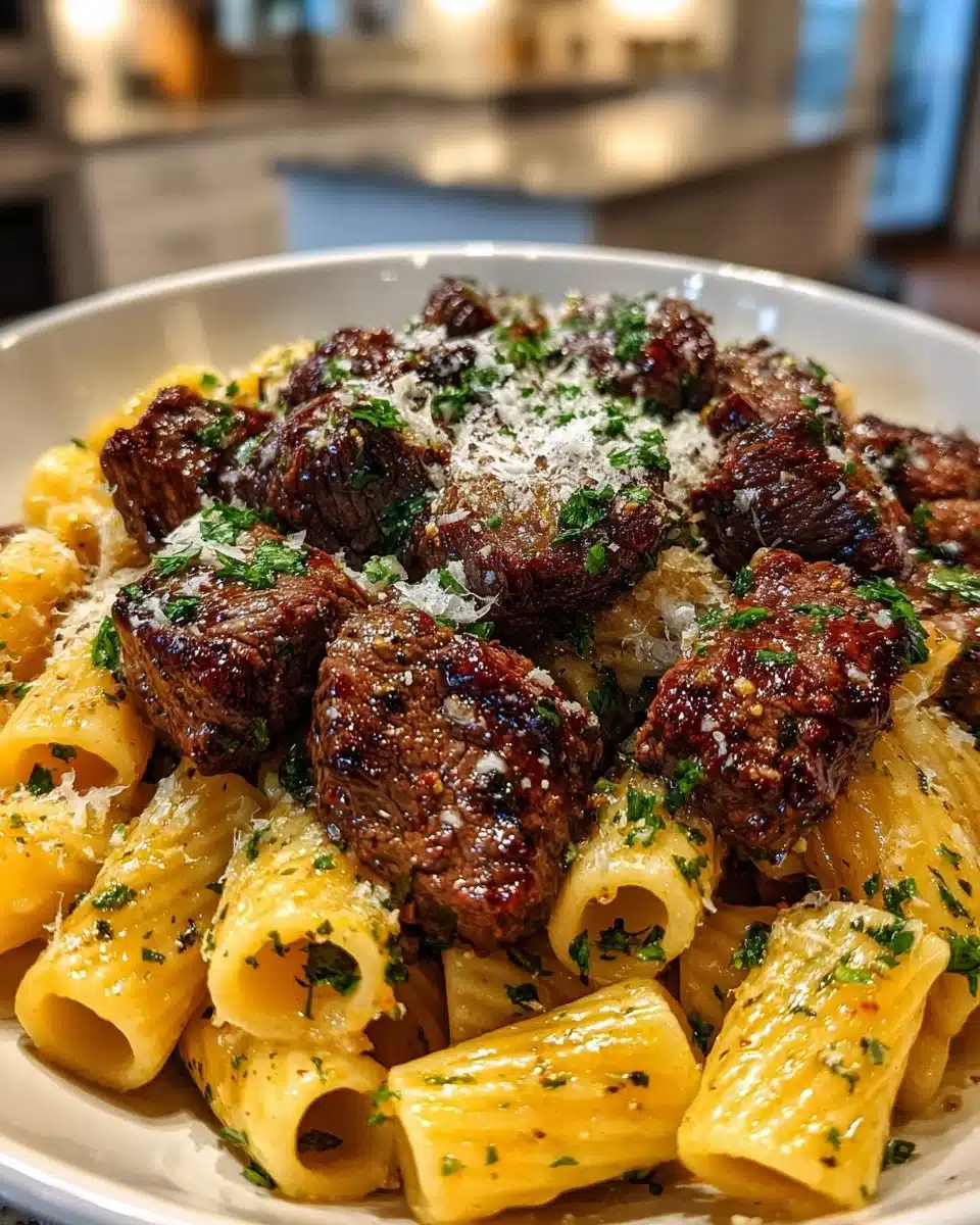 Garlic Butter Steak served with creamy Parmesan Rigatoni