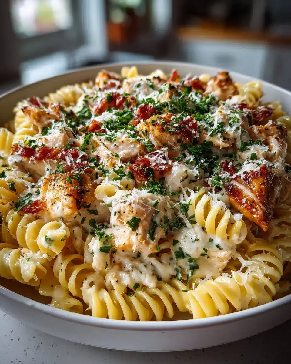 Garlic Parmesan Chicken Pasta Bake topped with melted cheese and herbs.