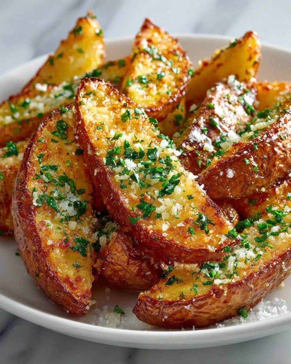 Delicious Garlic Parmesan Potato Wedges served hot and crispy.