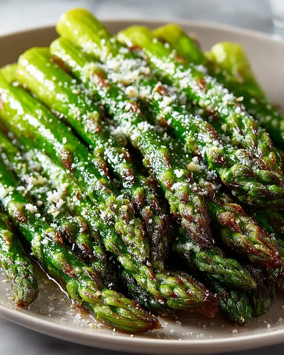 Garlic Parmesan Roasted Asparagus garnished with cheese and herbs