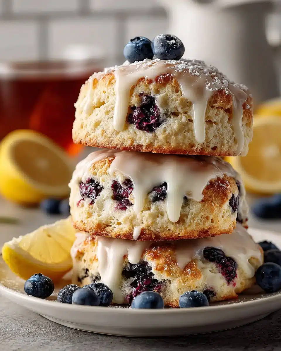 Glazed blueberry lemon scones topped with icing on a plate