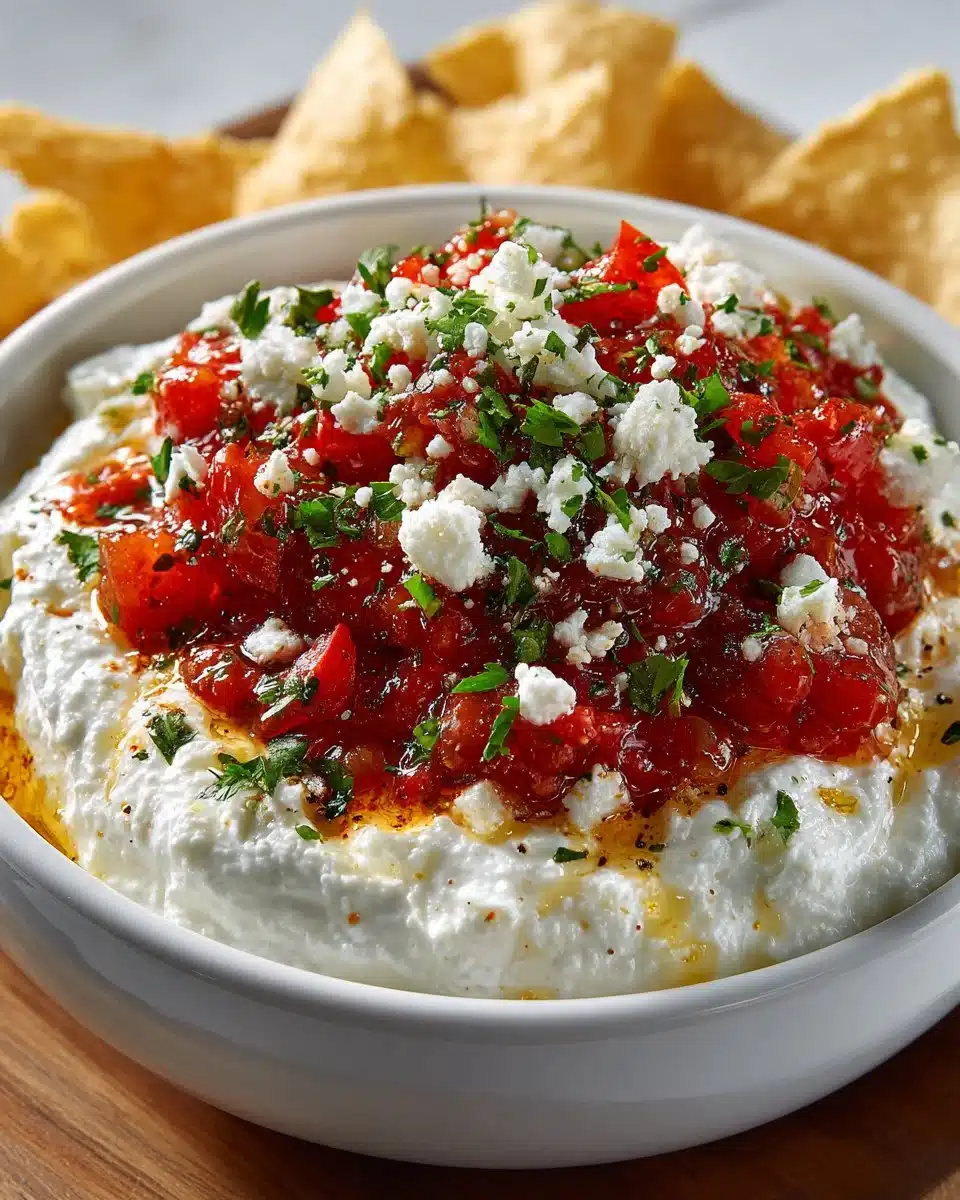 Bowl of Greek yogurt salsa dip, garnished and ready for serving with tortilla chips