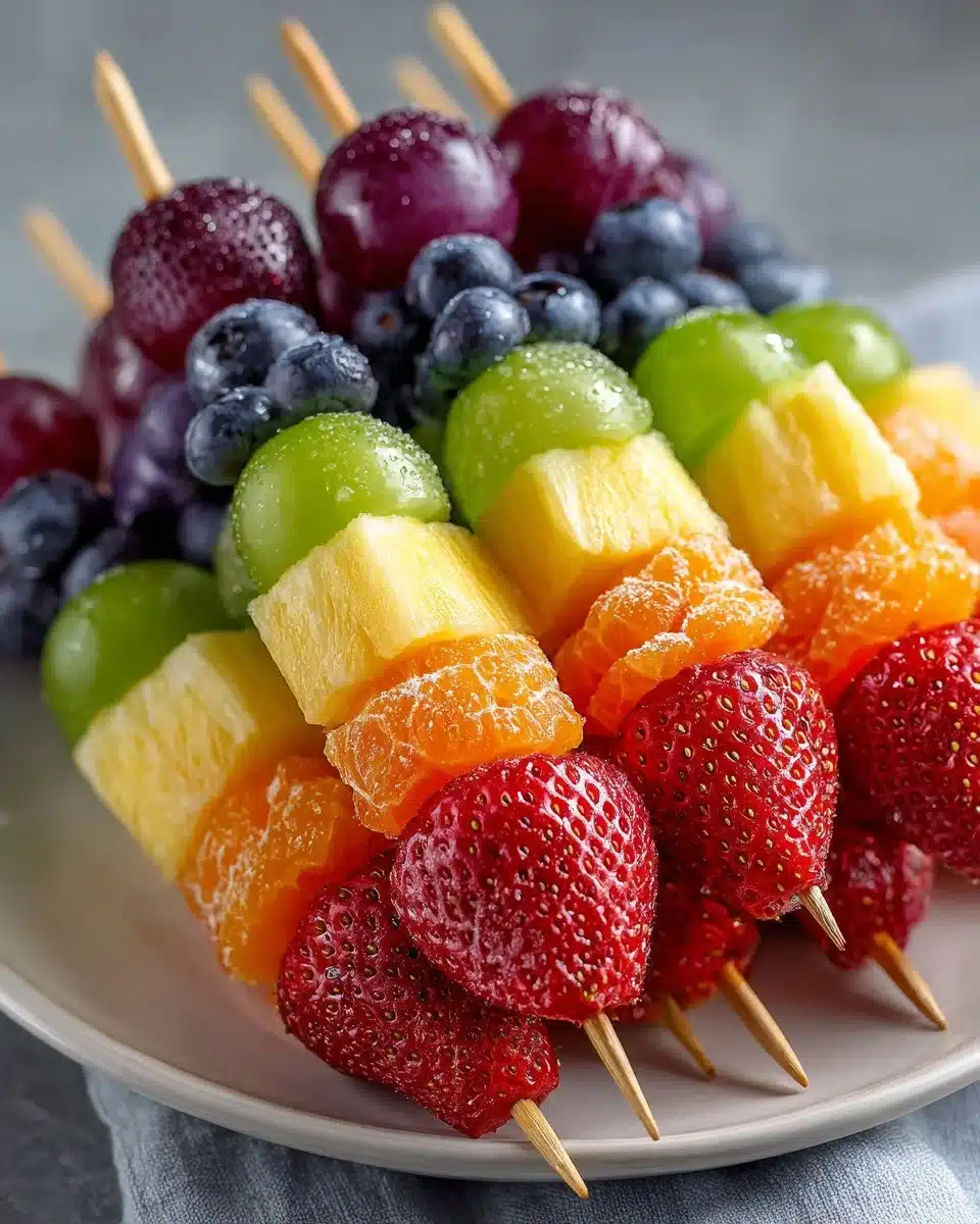 Colorful healthy rainbow fruit skewers with assorted fresh fruits