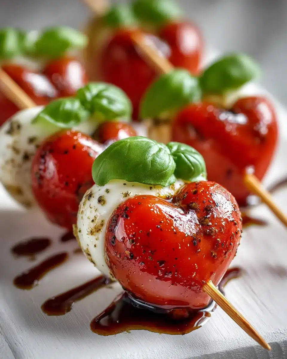 Heart-shaped Caprese skewers featuring mozzarella, tomatoes, and basil.
