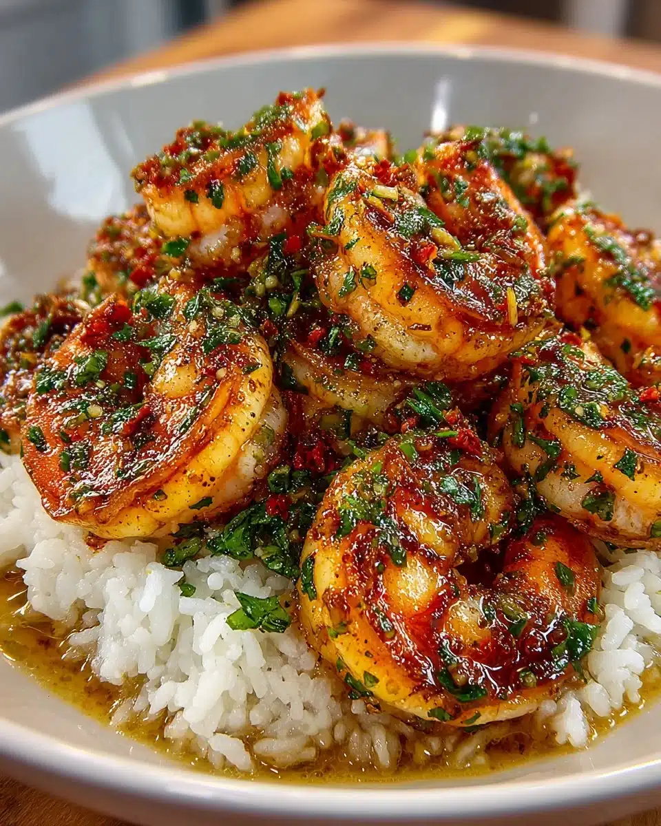Plate of high-protein honey garlic shrimp garnished with herbs