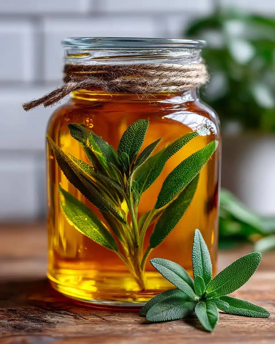 A jar of homemade sage honey syrup surrounded by fresh sage leaves.