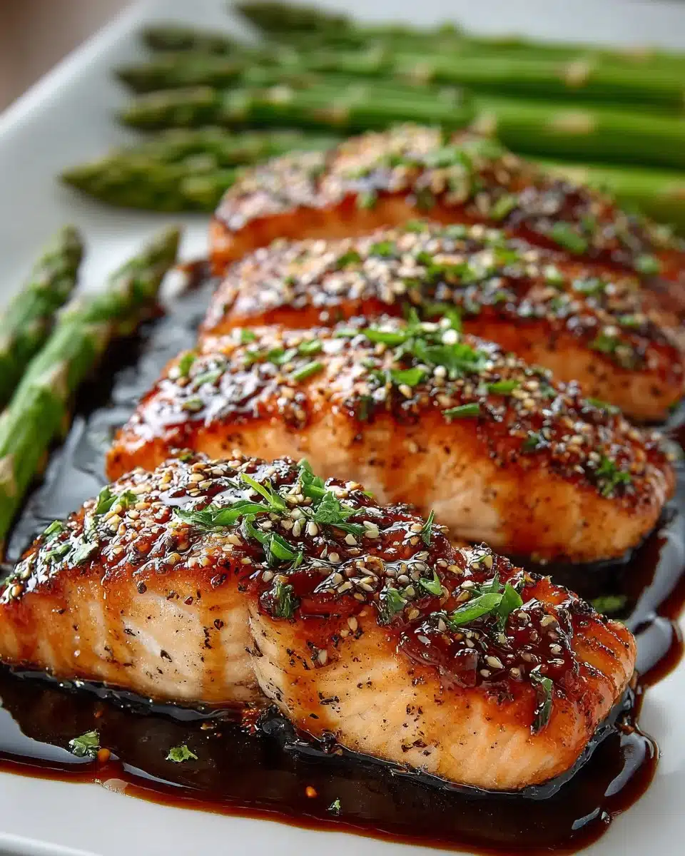 Honey balsamic glazed salmon served with roasted asparagus on a plate.
