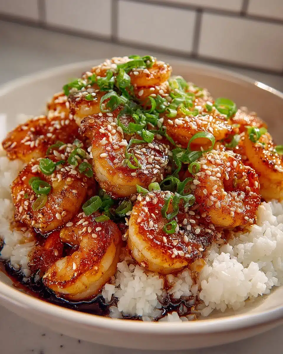 Honey Garlic Shrimp served over rice in a vibrant bowl