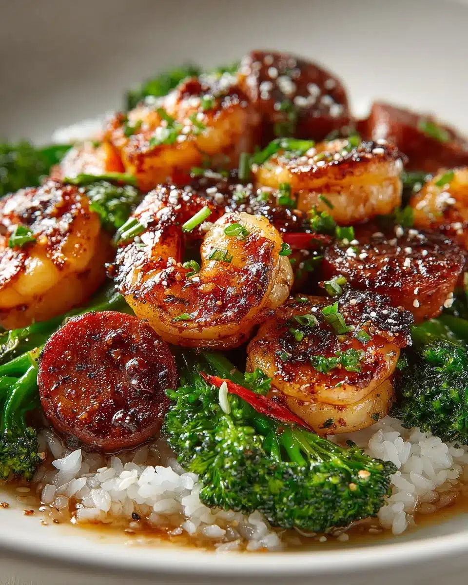 Delicious Honey Garlic Shrimp with sausage and broccoli in a vibrant dish