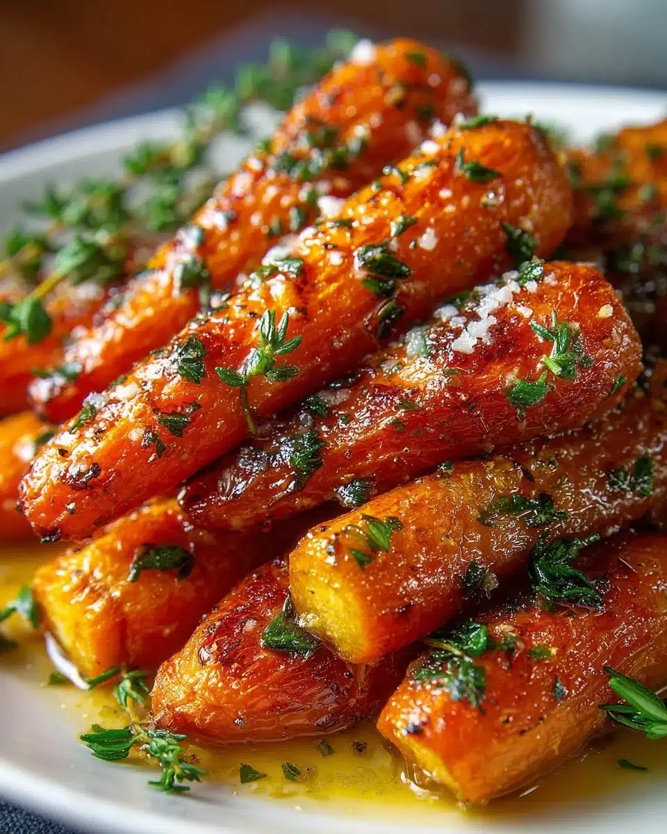 Honey roasted carrots garnished with fresh thyme on a serving plate