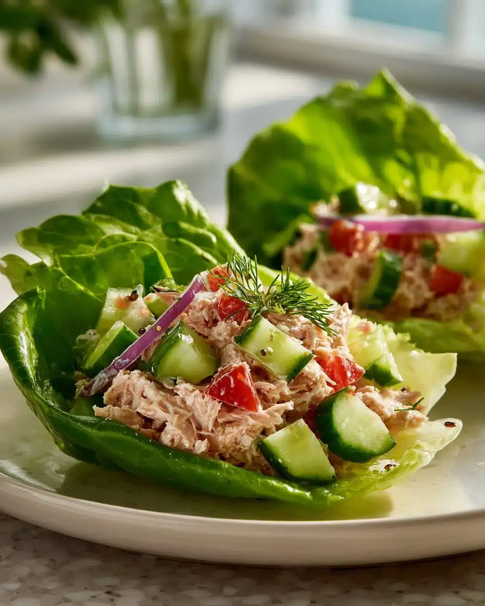 Juicy tuna lettuce wraps garnished with fresh ingredients for a healthy meal