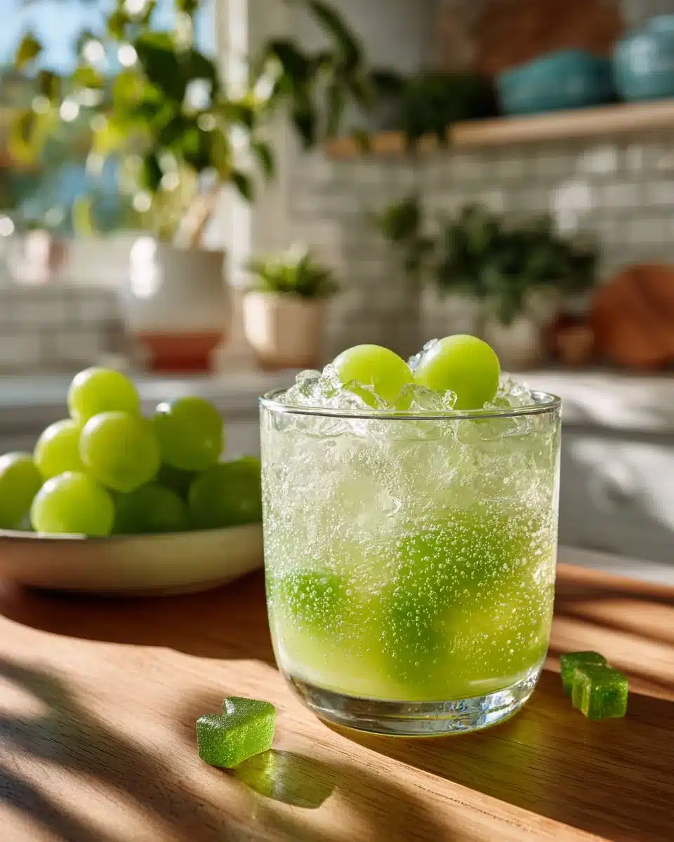 Kid-friendly green punch in a clear bowl with fruit slices.