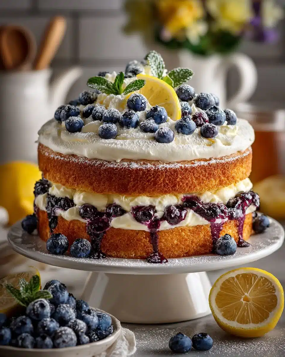 Lemon Blueberry Layer Cake with Cream Cheese frosting, featuring layers of fresh berries.