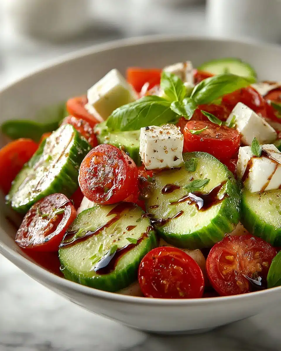 Light Cucumber Caprese Salad with fresh cucumbers, tomatoes, mozzarella, and basil.