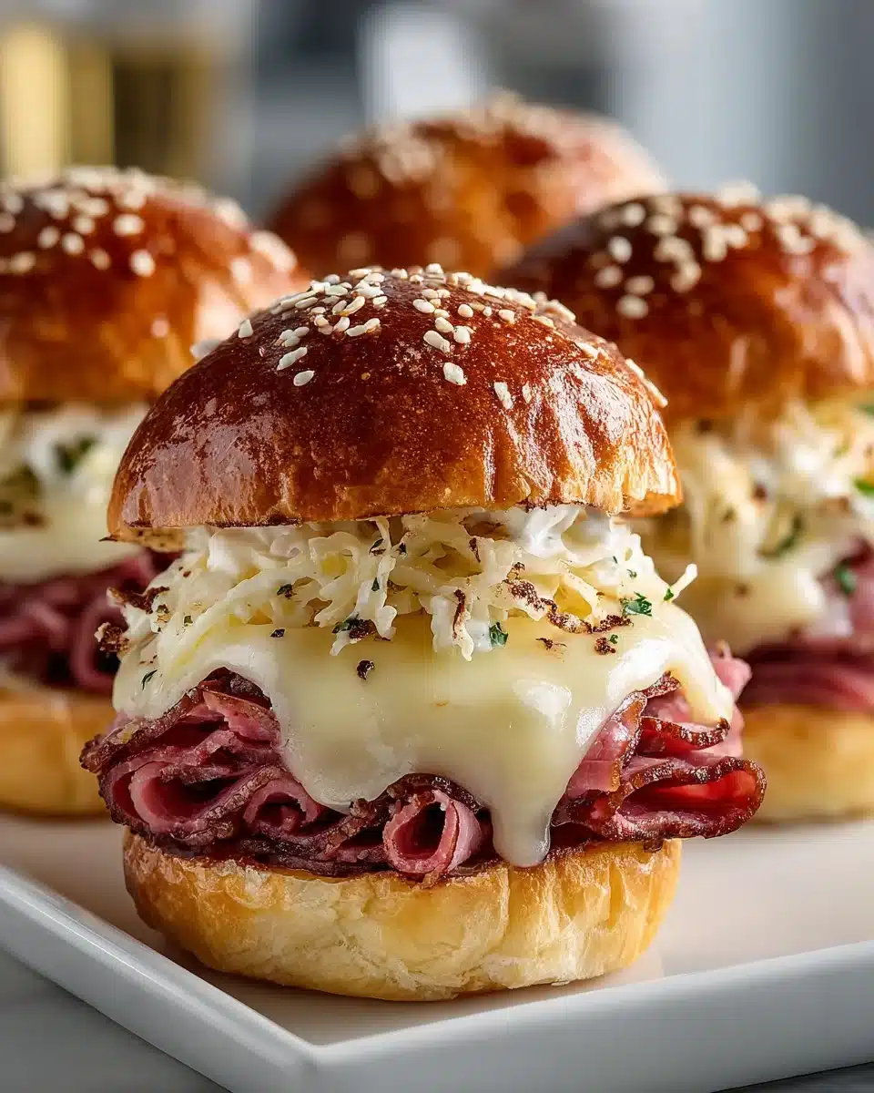 Loaded Reuben Sandwich Sliders served on a wooden platter with toppings