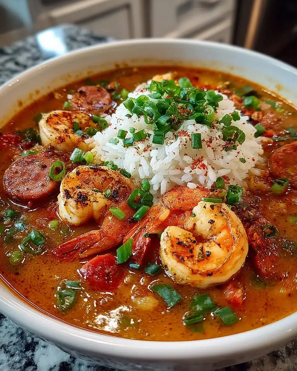 Bowl of Louisiana Seafood Gumbo with fresh ingredients and spices