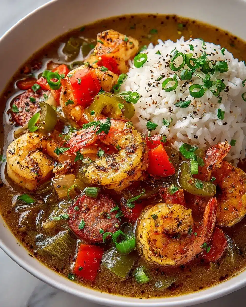 A bowl of Louisiana Seafood Gumbo filled with shrimp, crab, and sausage.