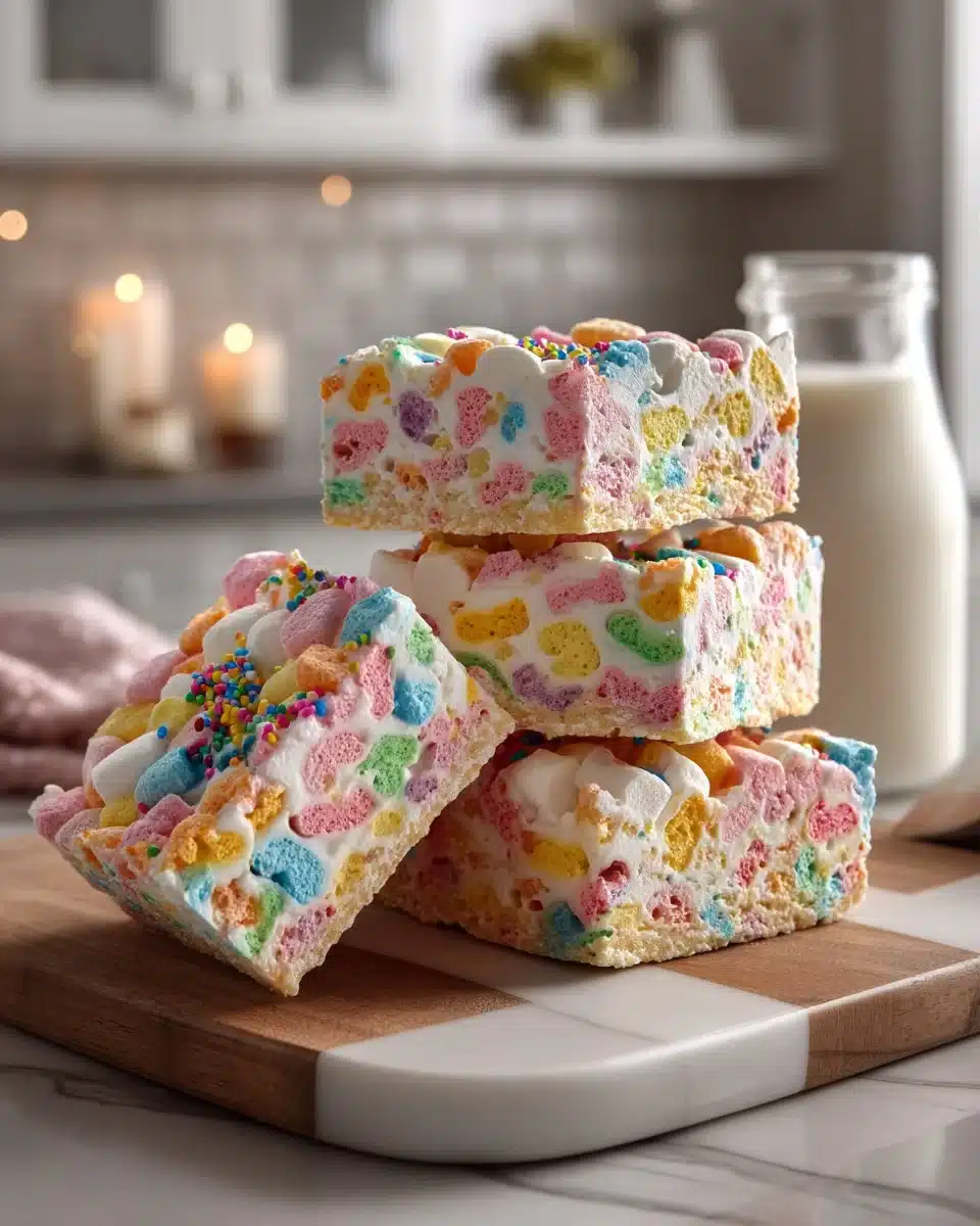 Lucky Charms Marshmallow Treats with colorful marshmallows and crispy cereal.