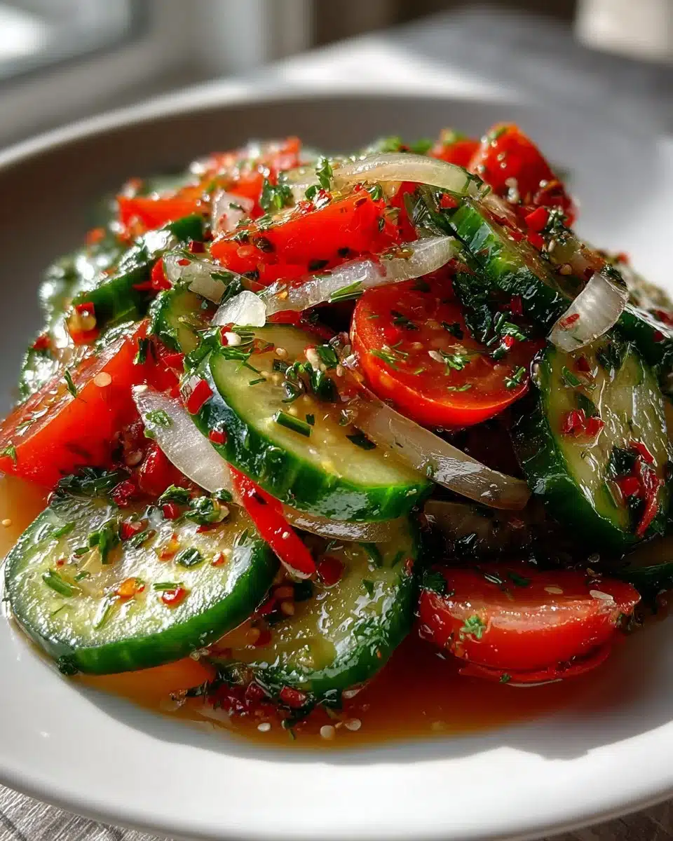Freshly marinated cucumbers, onions, and tomatoes served in a bowl.