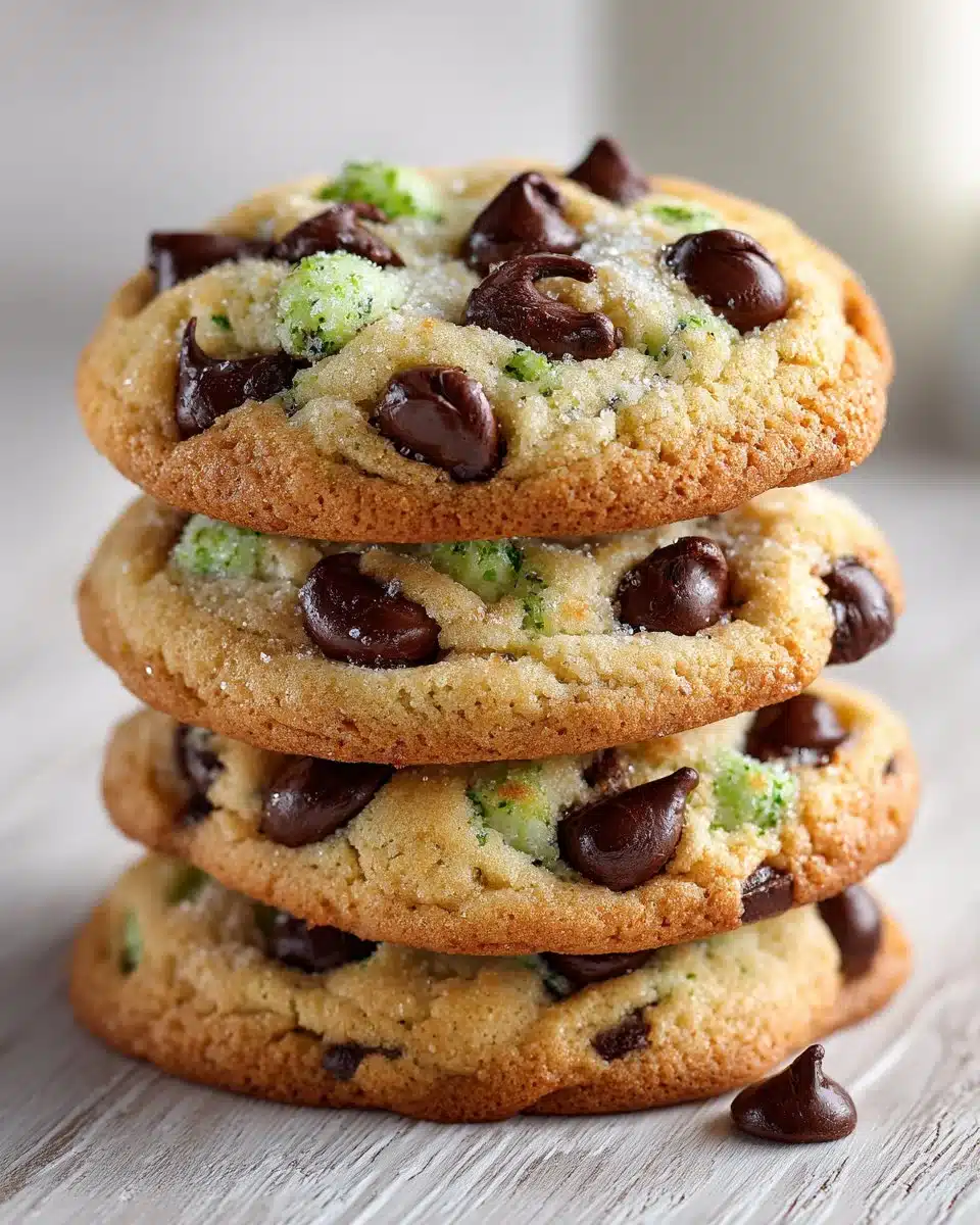 Freshly baked mint chocolate chip cookies on a cooling rack