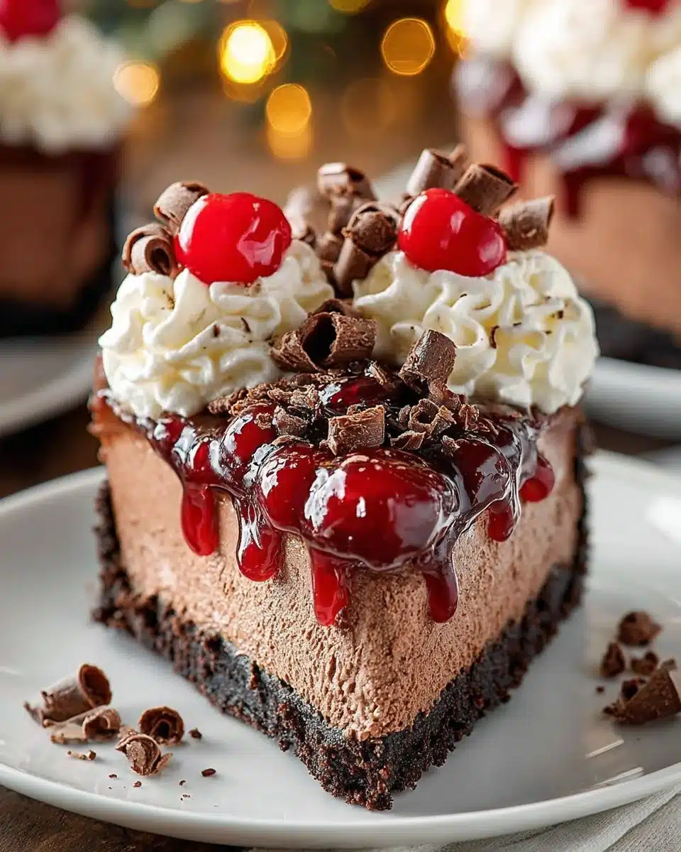 No Bake Black Forest Cheesecake topped with cherries and chocolate shavings