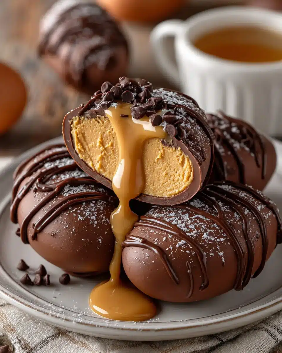 No-bake chocolate peanut butter Easter eggs on a decorative plate.