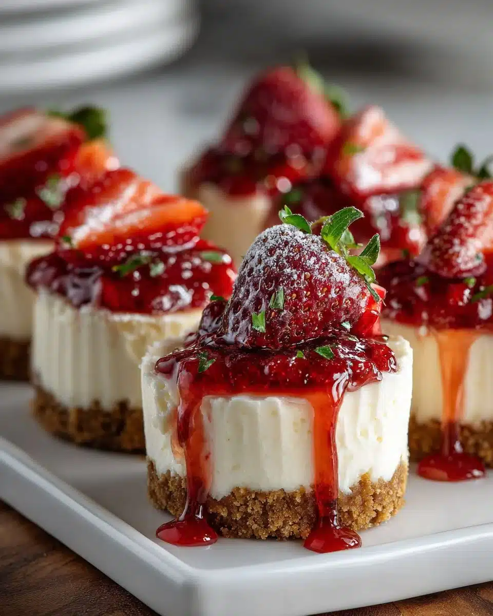No-bake mini cheesecakes topped with fresh strawberry compote on a white plate.