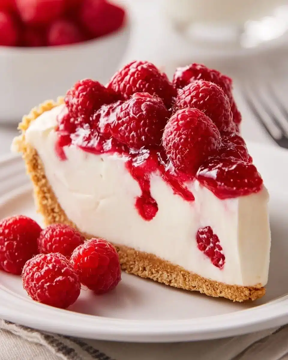 No-Bake Raspberry Cheesecake topped with fresh raspberries on a plate