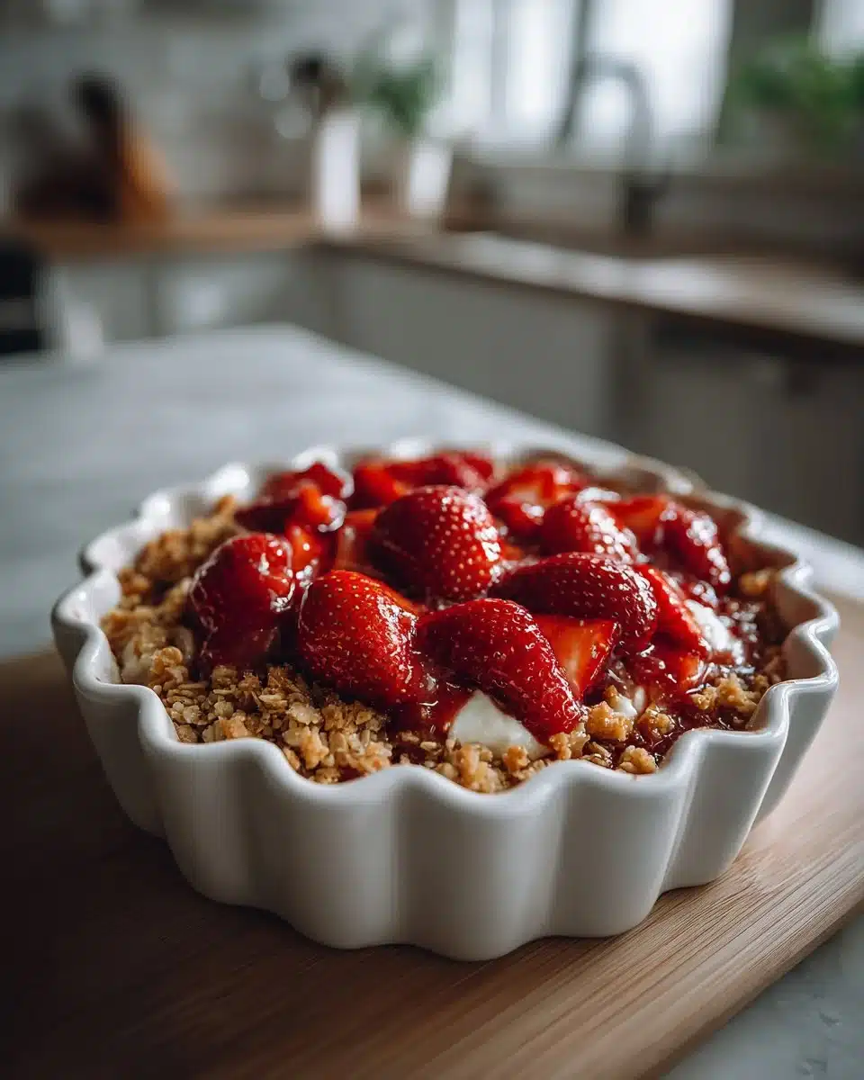 Delicious old fashioned strawberry rhubarb crisp topped with oats and brown sugar