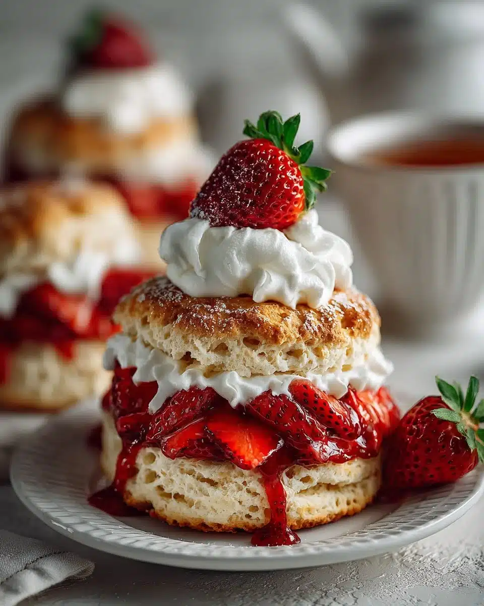 Old fashioned strawberry shortcake biscuits with fresh strawberries and whipped cream
