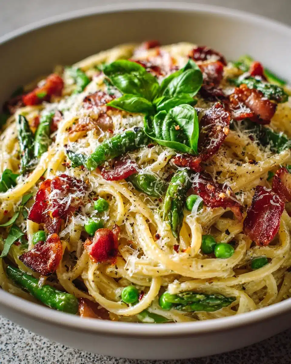 One-Pan Spring Pesto Pasta with Peas and Bacon in a skillet