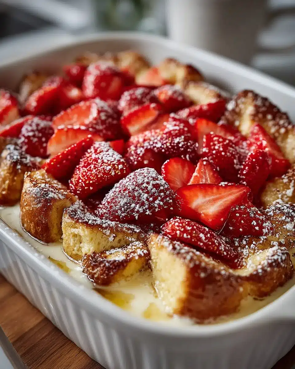 Overnight strawberry cheesecake French toast casserole topped with strawberries.