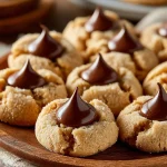 Freshly baked Peanut Butter Blossoms cookies with chocolate kisses on top