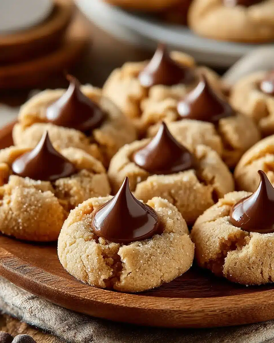 Freshly baked Peanut Butter Blossoms cookies with chocolate kisses on top