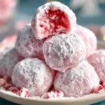 Delicious Peppermint Snowball Cookies dusted with powdered sugar.