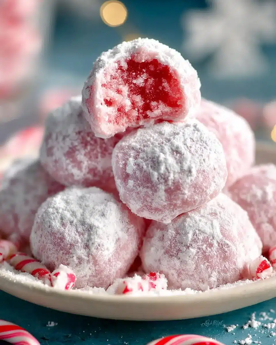 Delicious Peppermint Snowball Cookies dusted with powdered sugar.
