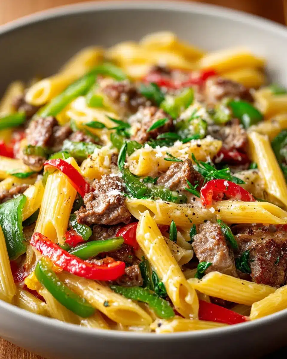 Delicious Philly Cheesesteak Pasta served in a bowl