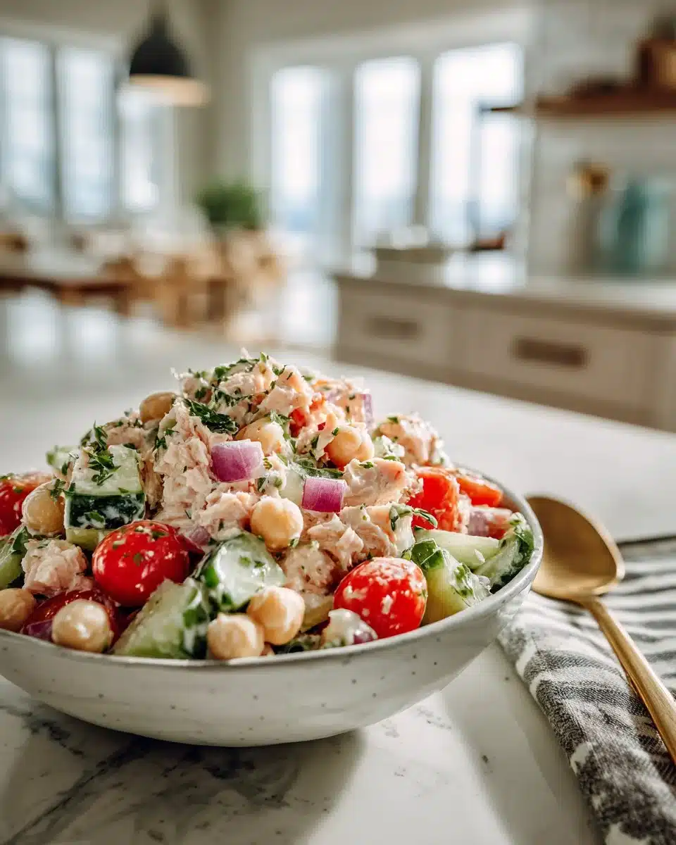 Delicious protein-packed tuna salad with garbanzo beans on a serving plate