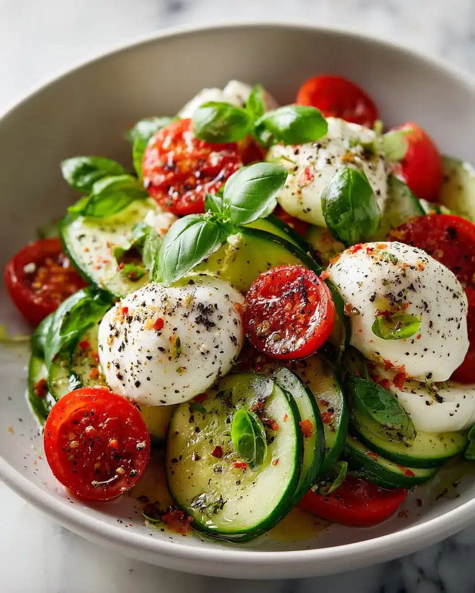 Quick Cucumber Caprese Salad with mozzarella, tomatoes, and basil