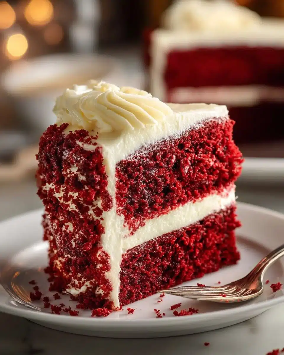 Deliciously layered Red Velvet Cake with cream cheese frosting