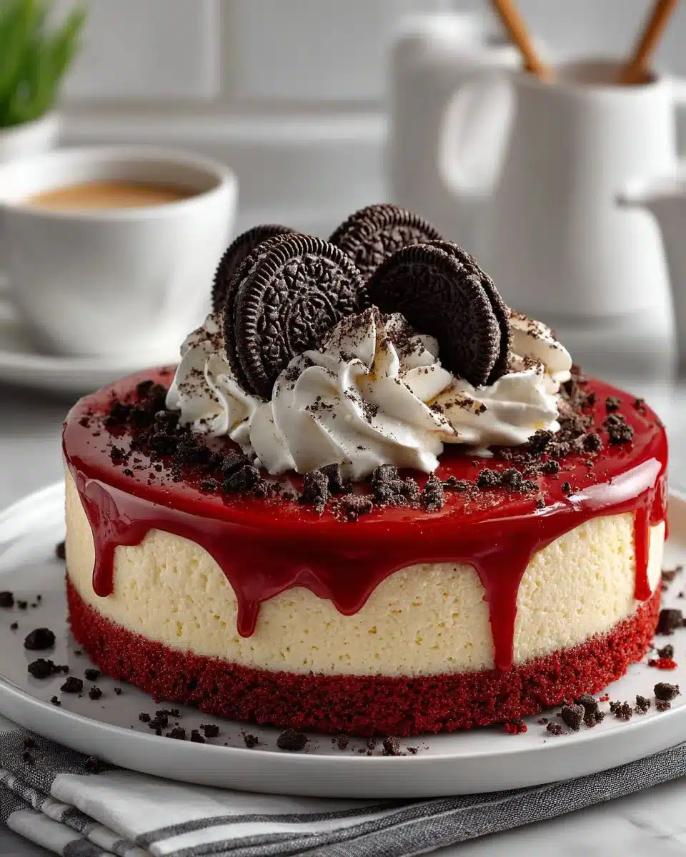 Delicious slice of Red Velvet Cheesecake with cream cheese frosting.
