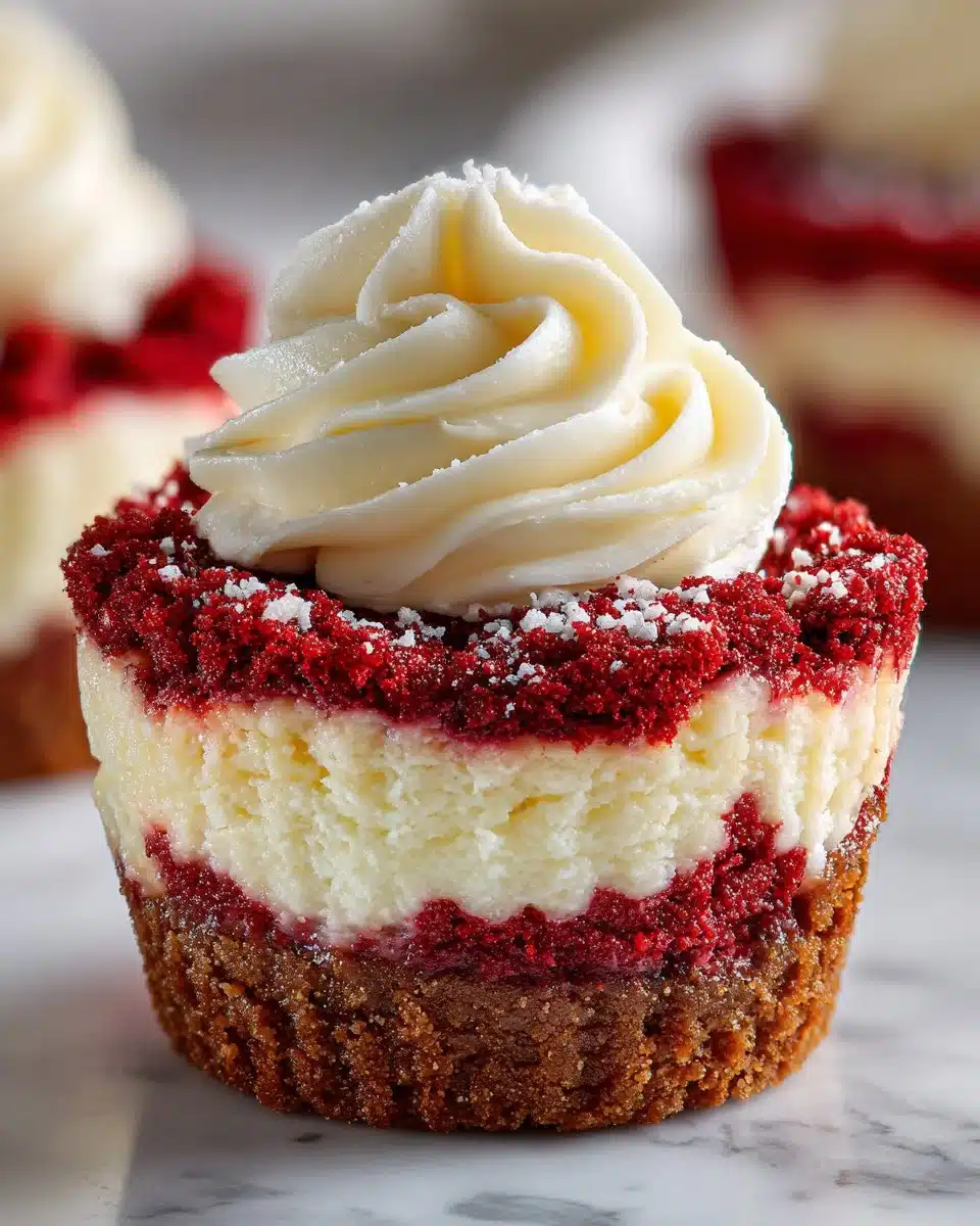 Delicious red velvet cheesecake cookie cups topped with creamy frosting.