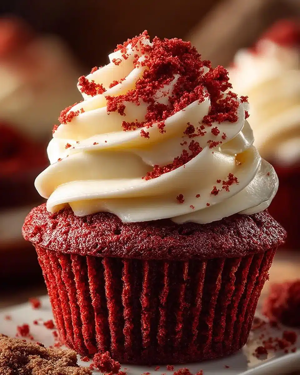 Delicious red velvet cupcakes topped with cream cheese frosting.