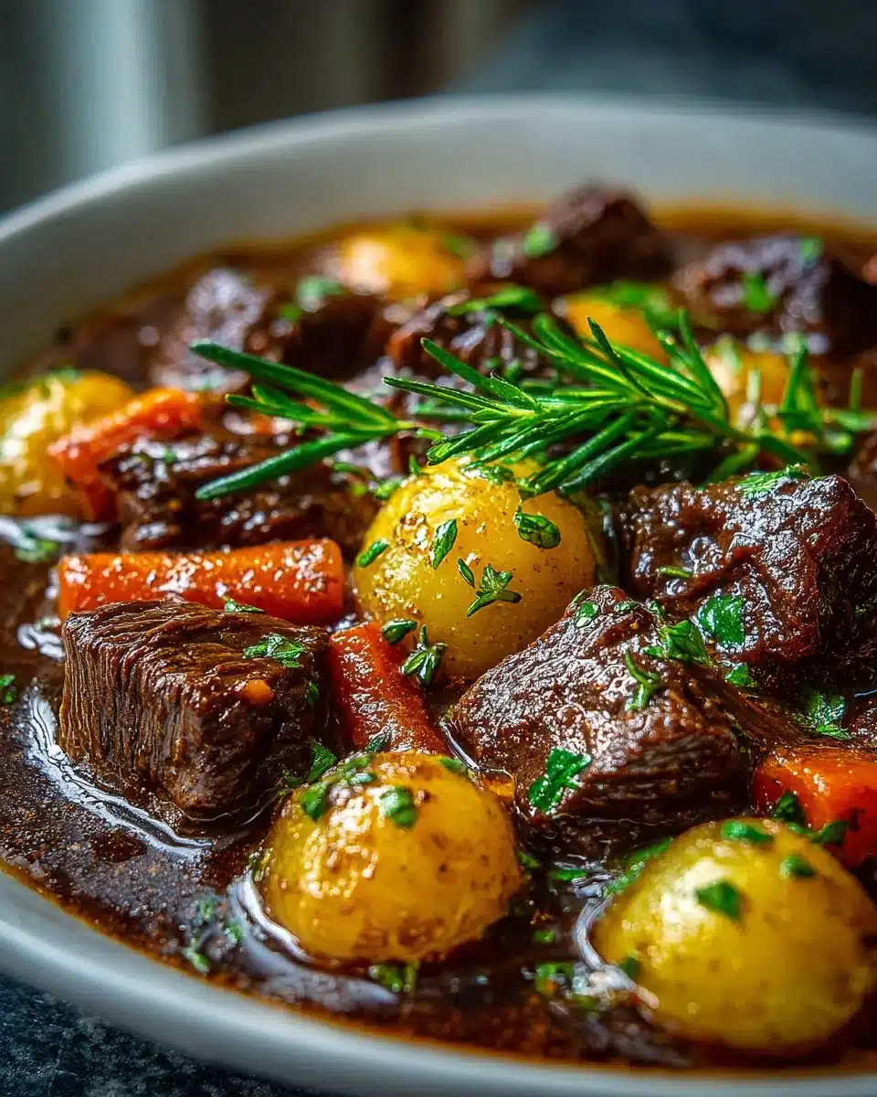 Delicious bowl of rich Guinness beef stew topped with fresh herbs
